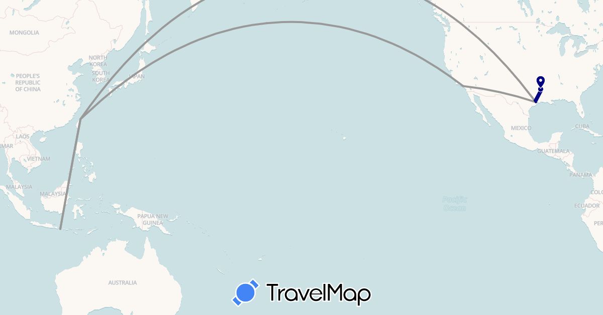 TravelMap itinerary: driving, plane in Indonesia, Taiwan, United States (Asia, North America)